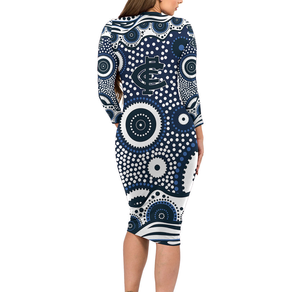 Carlton Blues Long Sleeve Bodycon Dress Aboriginal Dot Pattern - Football Mascot Heritage Pride