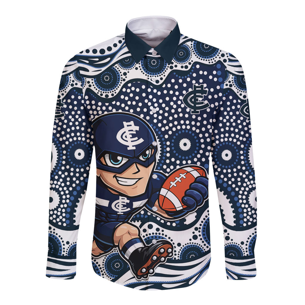 Carlton Blues Long Sleeve Button Shirt Aboriginal Dot Pattern - Football Mascot Heritage Pride