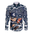 Carlton Blues Long Sleeve Button Shirt Aboriginal Dot Pattern - Football Mascot Heritage Pride