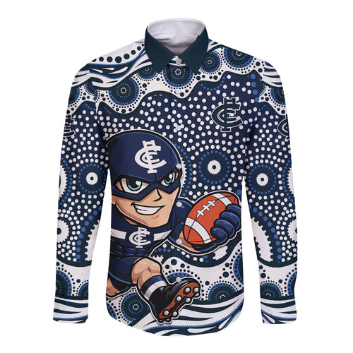 Carlton Blues Long Sleeve Button Shirt Aboriginal Dot Pattern - Football Mascot Heritage Pride