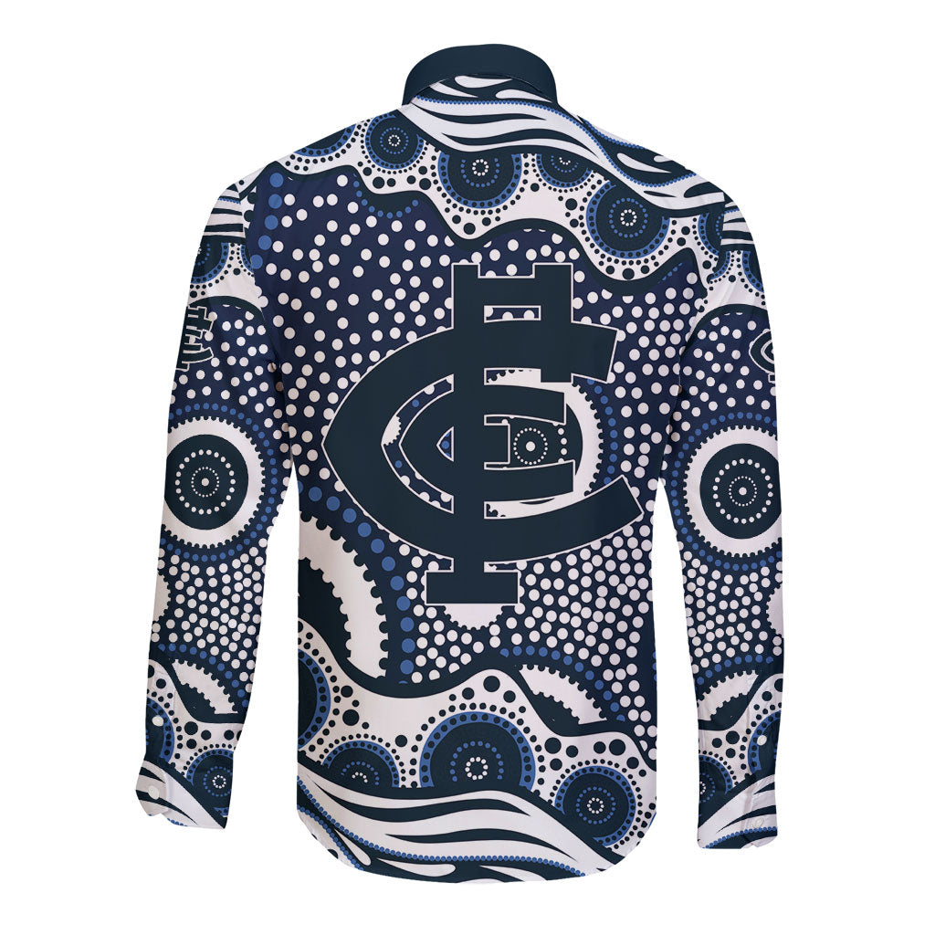 Carlton Blues Long Sleeve Button Shirt Aboriginal Dot Pattern - Football Mascot Heritage Pride