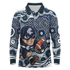Carlton Blues Long Sleeve Polo Shirt Aboriginal Dot Pattern - Football Mascot Heritage Pride