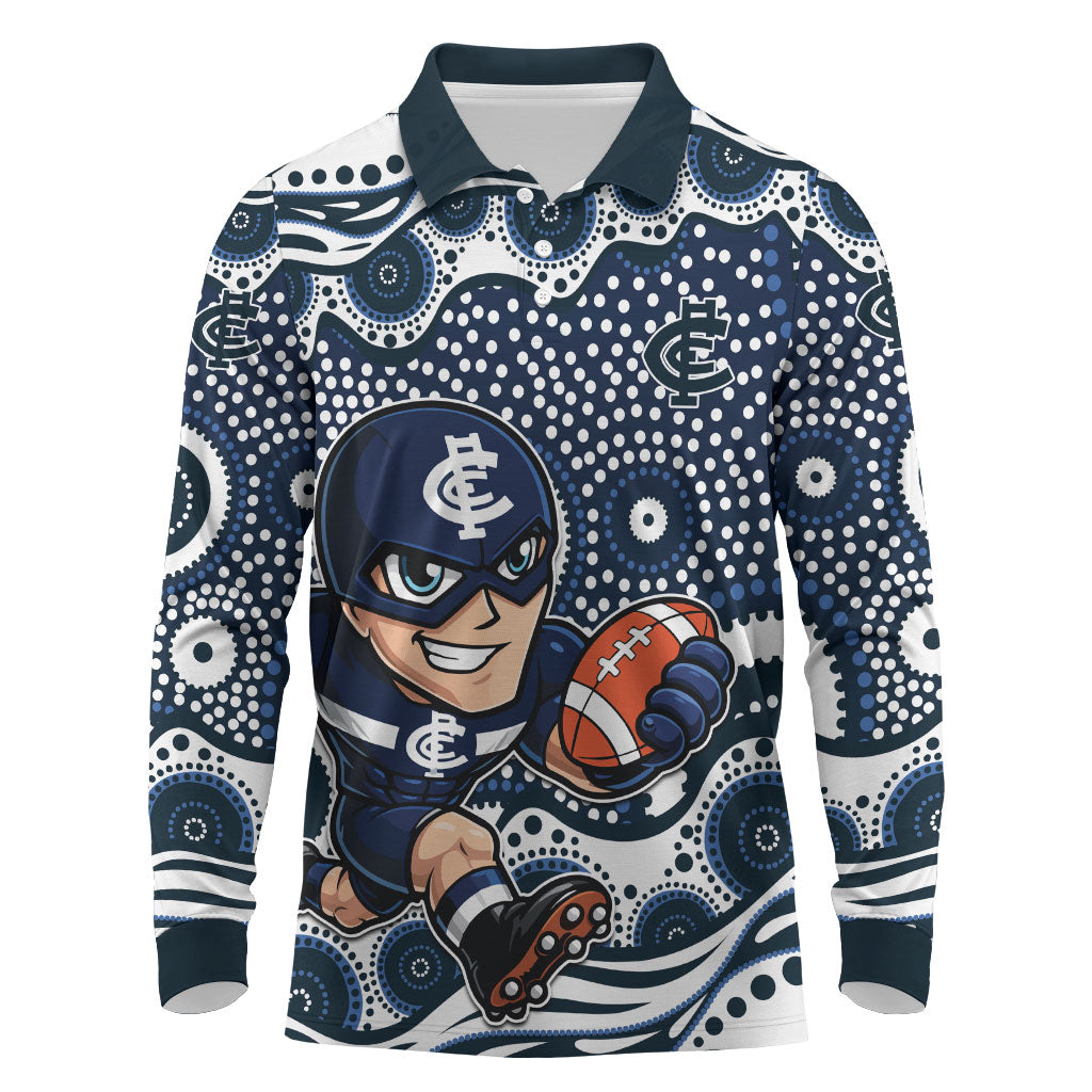 Carlton Blues Long Sleeve Polo Shirt Aboriginal Dot Pattern - Football Mascot Heritage Pride