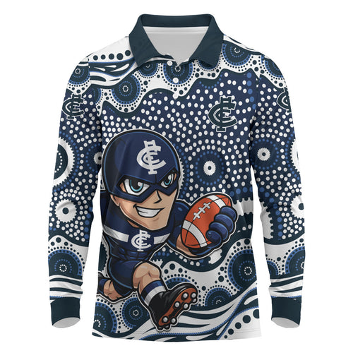 Carlton Blues Long Sleeve Polo Shirt Aboriginal Dot Pattern - Football Mascot Heritage Pride
