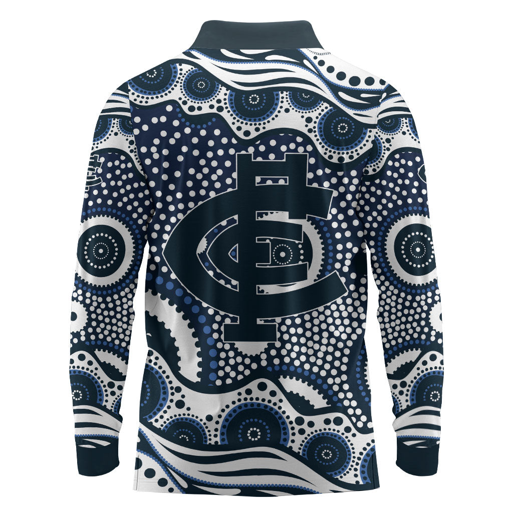 Carlton Blues Long Sleeve Polo Shirt Aboriginal Dot Pattern - Football Mascot Heritage Pride