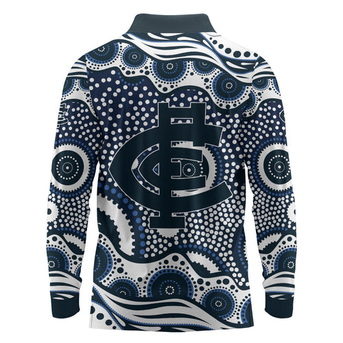 Carlton Blues Long Sleeve Polo Shirt Aboriginal Dot Pattern - Football Mascot Heritage Pride