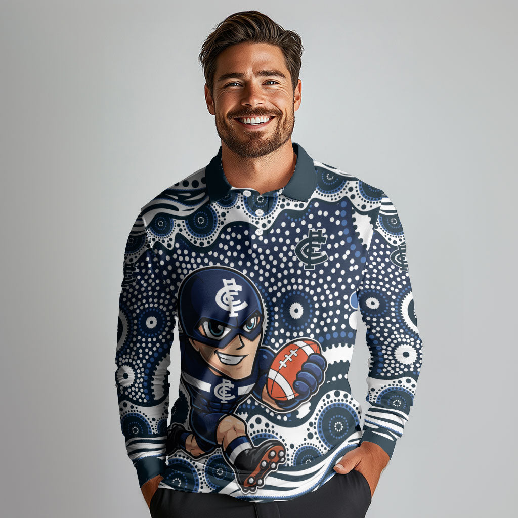 Carlton Blues Long Sleeve Polo Shirt Aboriginal Dot Pattern - Football Mascot Heritage Pride