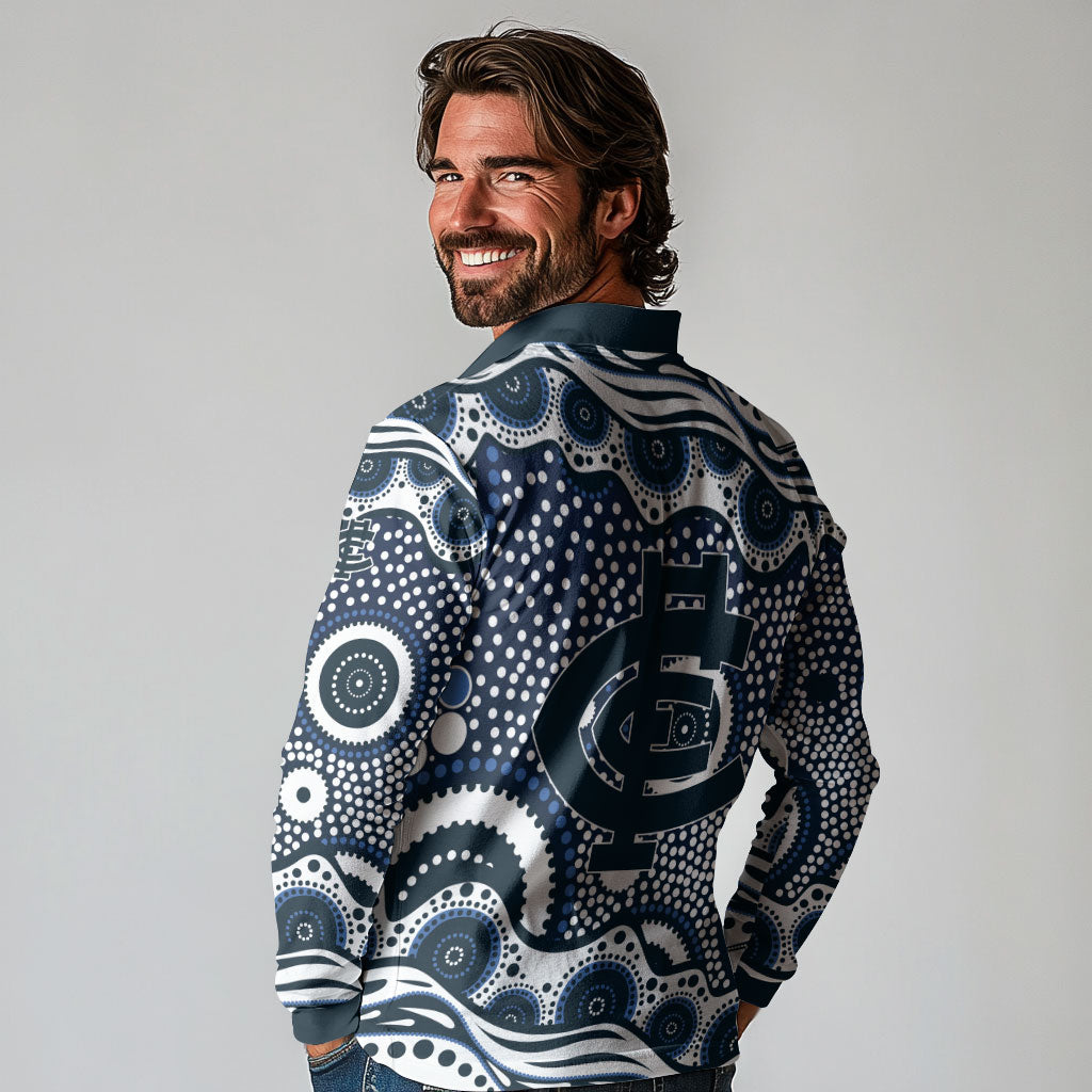 Carlton Blues Long Sleeve Polo Shirt Aboriginal Dot Pattern - Football Mascot Heritage Pride