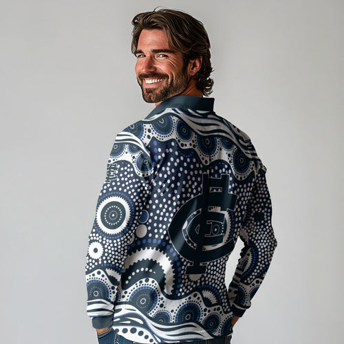 Carlton Blues Long Sleeve Polo Shirt Aboriginal Dot Pattern - Football Mascot Heritage Pride