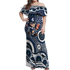 Carlton Blues Off Shoulder Maxi Dress Aboriginal Dot Pattern - Football Mascot Heritage Pride