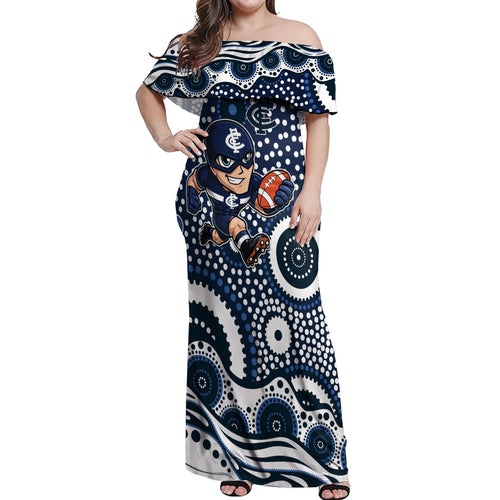 Carlton Blues Off Shoulder Maxi Dress Aboriginal Dot Pattern - Football Mascot Heritage Pride