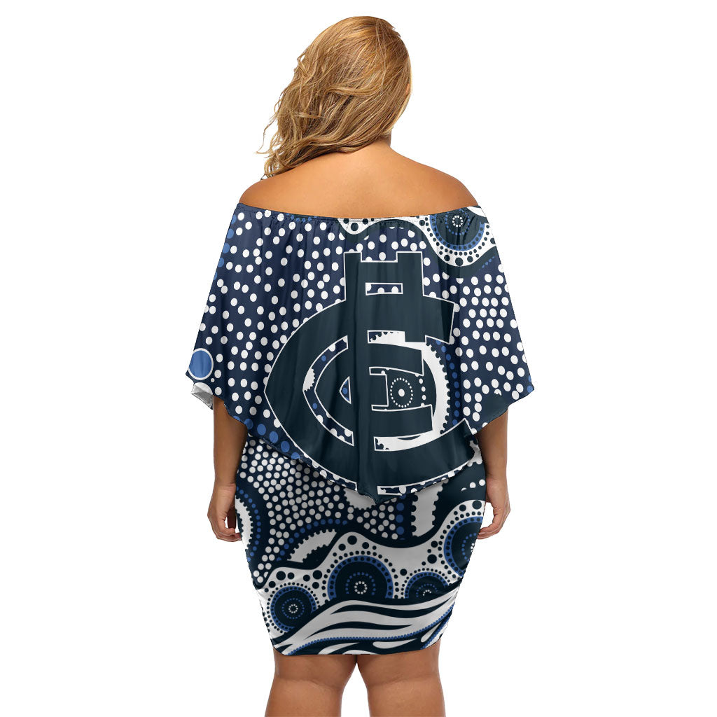 Carlton Blues Off Shoulder Short Dress Aboriginal Dot Pattern - Football Mascot Heritage Pride