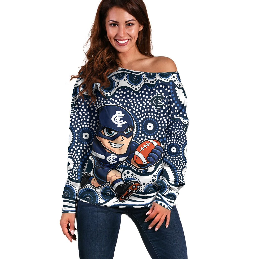 Carlton Blues Off Shoulder Sweater Aboriginal Dot Pattern - Football Mascot Heritage Pride