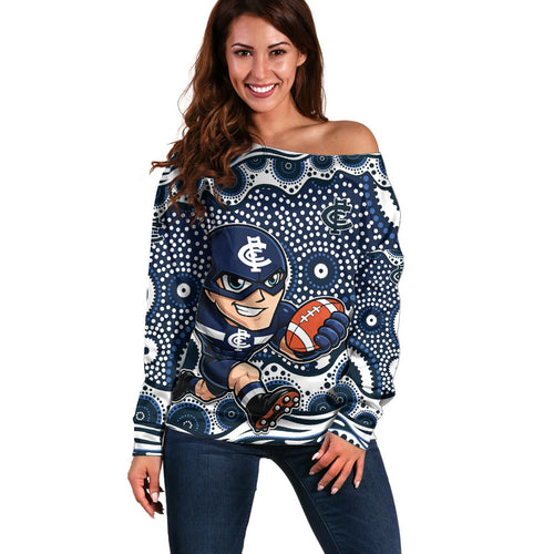 Carlton Blues Off Shoulder Sweater Aboriginal Dot Pattern - Football Mascot Heritage Pride