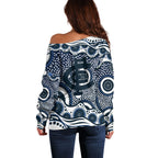 Carlton Blues Off Shoulder Sweater Aboriginal Dot Pattern - Football Mascot Heritage Pride