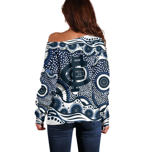 Carlton Blues Off Shoulder Sweater Aboriginal Dot Pattern - Football Mascot Heritage Pride