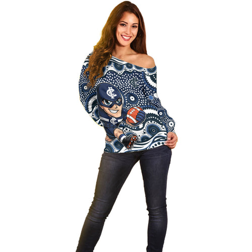 Carlton Blues Off Shoulder Sweater Aboriginal Dot Pattern - Football Mascot Heritage Pride