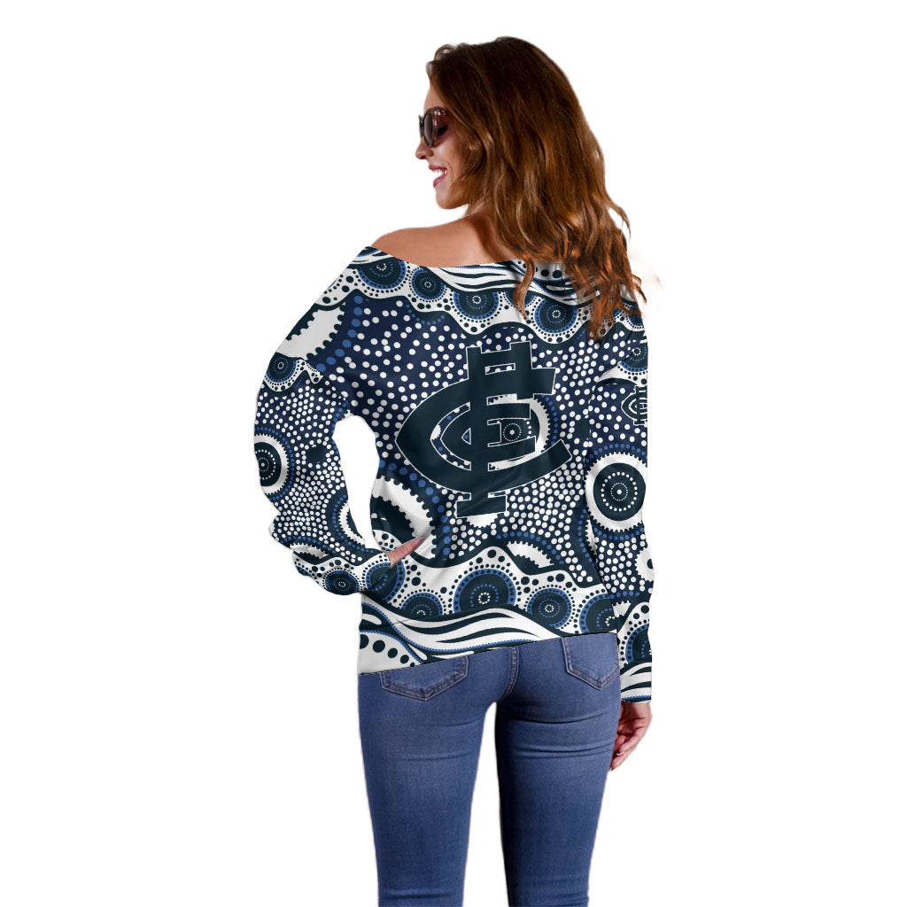 Carlton Blues Off Shoulder Sweater Aboriginal Dot Pattern - Football Mascot Heritage Pride