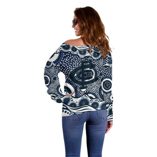 Carlton Blues Off Shoulder Sweater Aboriginal Dot Pattern - Football Mascot Heritage Pride