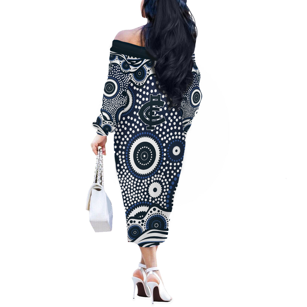 Carlton Blues Off The Shoulder Long Sleeve Dress Aboriginal Dot Pattern - Football Mascot Heritage Pride