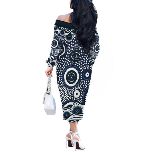 Carlton Blues Off The Shoulder Long Sleeve Dress Aboriginal Dot Pattern - Football Mascot Heritage Pride