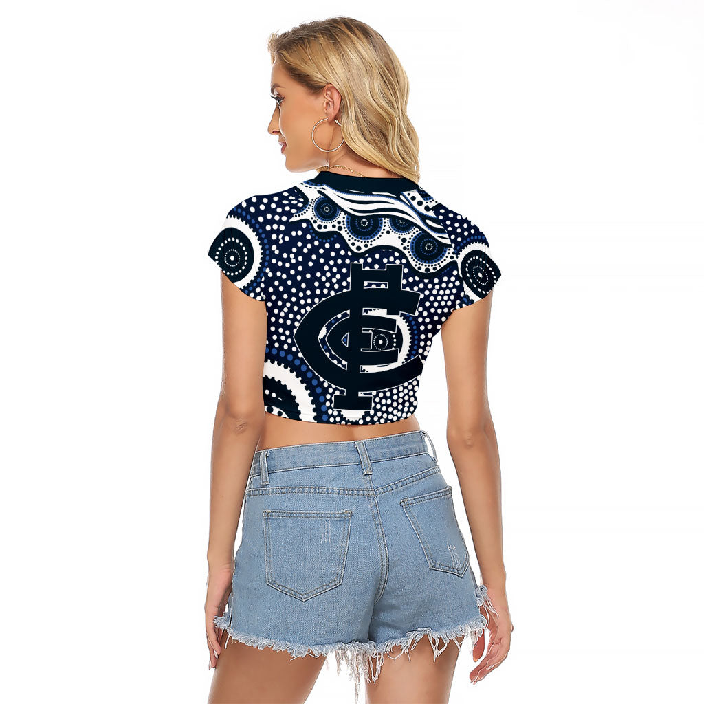Carlton Blues Raglan Cropped T Shirt Aboriginal Dot Pattern - Football Mascot Heritage Pride