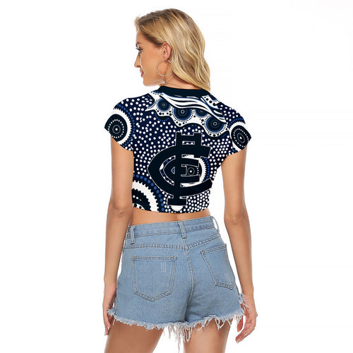 Carlton Blues Raglan Cropped T Shirt Aboriginal Dot Pattern - Football Mascot Heritage Pride