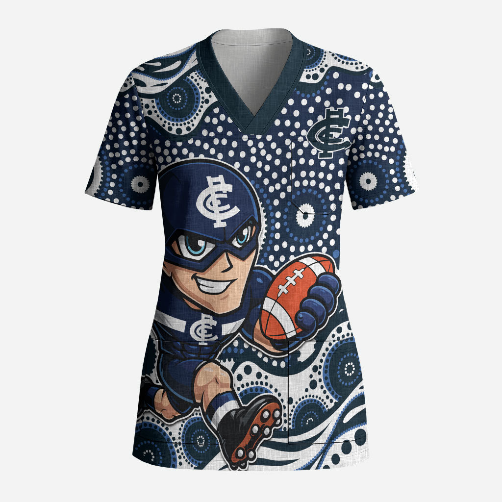 Carlton Blues Scrub Top Aboriginal Dot Pattern - Football Mascot Heritage Pride