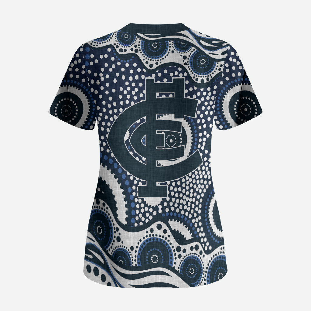 Carlton Blues Scrub Top Aboriginal Dot Pattern - Football Mascot Heritage Pride