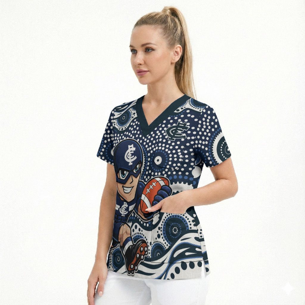 Carlton Blues Scrub Top Aboriginal Dot Pattern - Football Mascot Heritage Pride