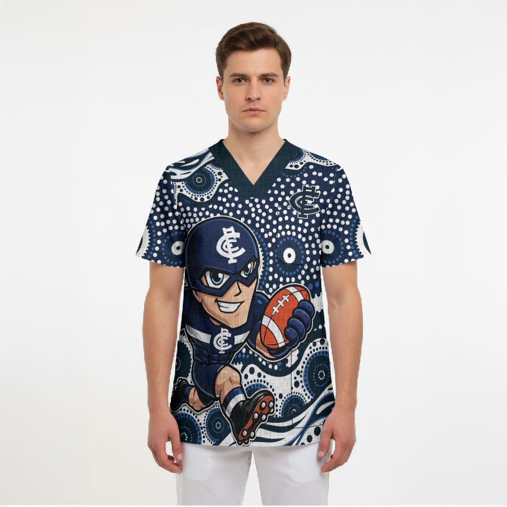 Carlton Blues Scrub Top Aboriginal Dot Pattern - Football Mascot Heritage Pride