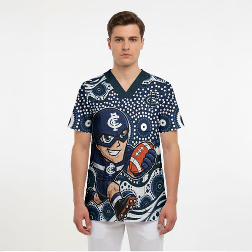 Carlton Blues Scrub Top Aboriginal Dot Pattern - Football Mascot Heritage Pride