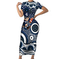 Carlton Blues Short Sleeve Bodycon Dress Aboriginal Dot Pattern - Football Mascot Heritage Pride