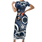 Carlton Blues Short Sleeve Bodycon Dress Aboriginal Dot Pattern - Football Mascot Heritage Pride