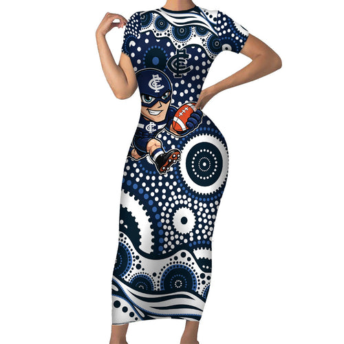 Carlton Blues Short Sleeve Bodycon Dress Aboriginal Dot Pattern - Football Mascot Heritage Pride