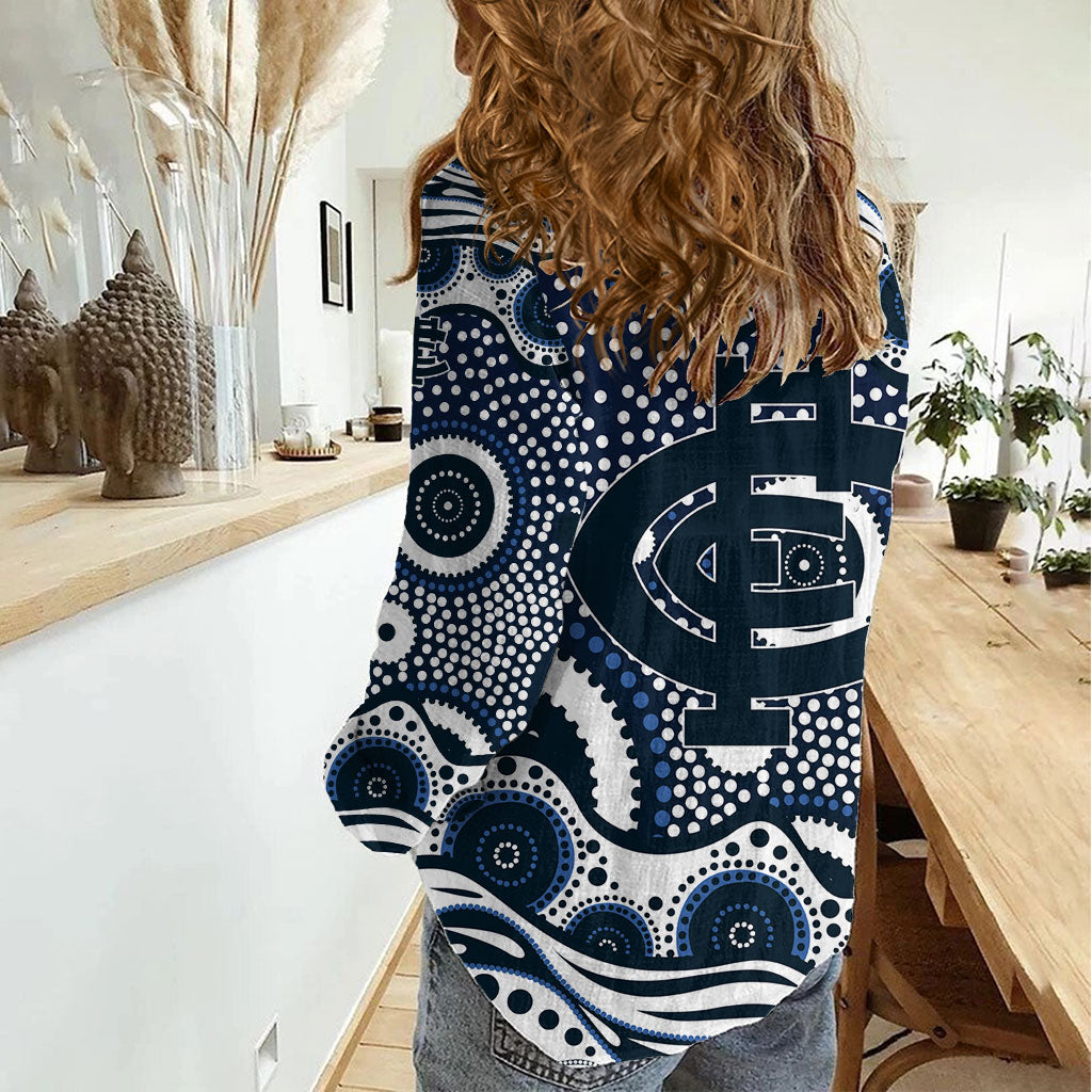 Carlton Blues Women Casual Shirt Aboriginal Dot Pattern - Football Mascot Heritage Pride