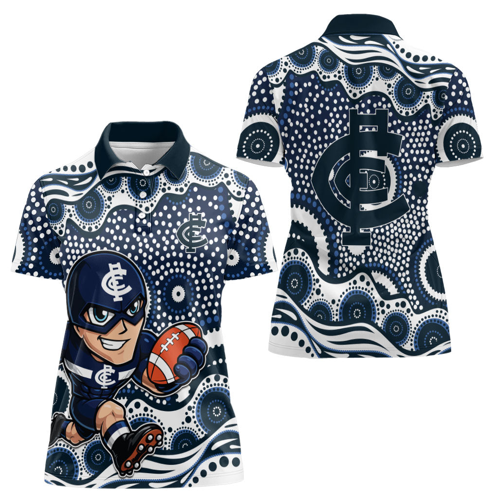 Carlton Blues Women Polo Shirt Aboriginal Dot Pattern - Football Mascot Heritage Pride
