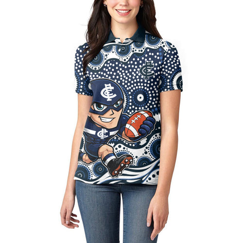 Carlton Blues Women Polo Shirt Aboriginal Dot Pattern - Football Mascot Heritage Pride