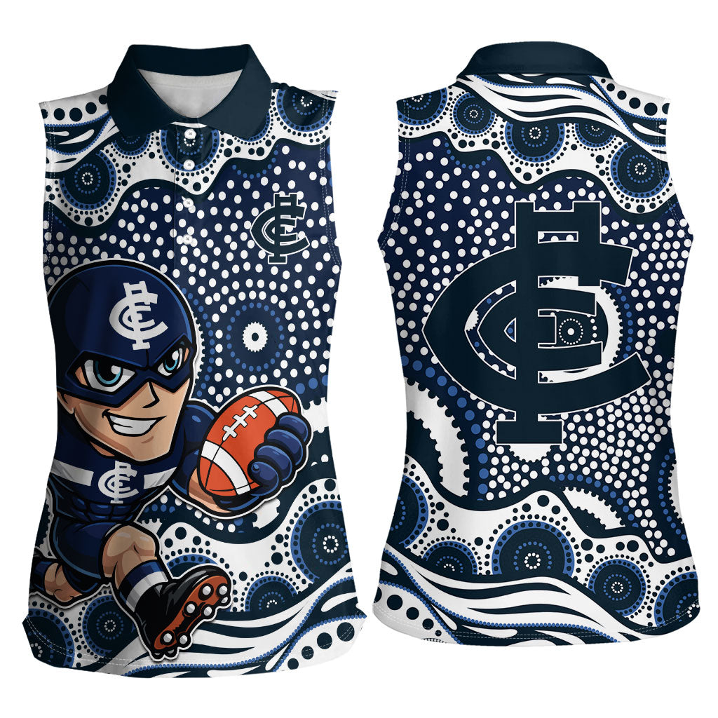 Carlton Blues Women Sleeveless Polo Shirt Aboriginal Dot Pattern - Football Mascot Heritage Pride