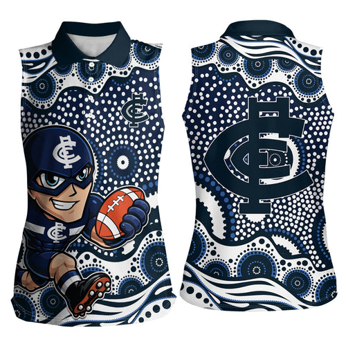 Carlton Blues Women Sleeveless Polo Shirt Aboriginal Dot Pattern - Football Mascot Heritage Pride