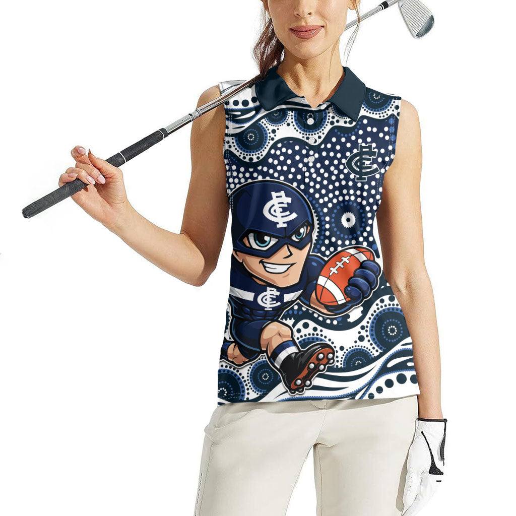 Carlton Blues Women Sleeveless Polo Shirt Aboriginal Dot Pattern - Football Mascot Heritage Pride