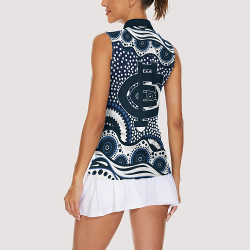 Carlton Blues Women Sleeveless Polo Shirt Aboriginal Dot Pattern - Football Mascot Heritage Pride