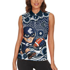 Carlton Blues Women Sleeveless Polo Shirt Aboriginal Dot Pattern - Football Mascot Heritage Pride