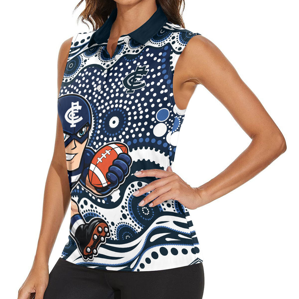 Carlton Blues Women Sleeveless Polo Shirt Aboriginal Dot Pattern - Football Mascot Heritage Pride