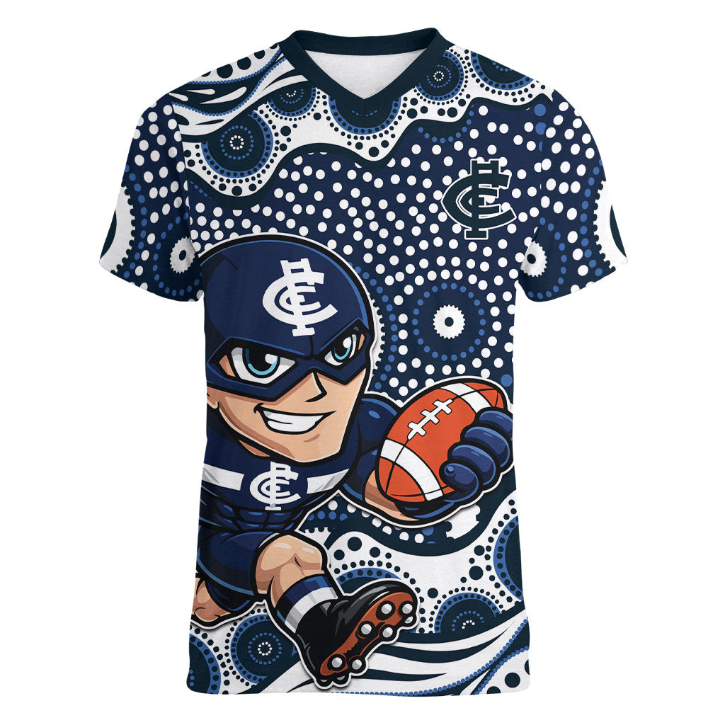 Carlton Blues Women V-Neck T-Shirt Aboriginal Dot Pattern - Football Mascot Heritage Pride