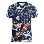 Carlton Blues Women V-Neck T-Shirt Aboriginal Dot Pattern - Football Mascot Heritage Pride