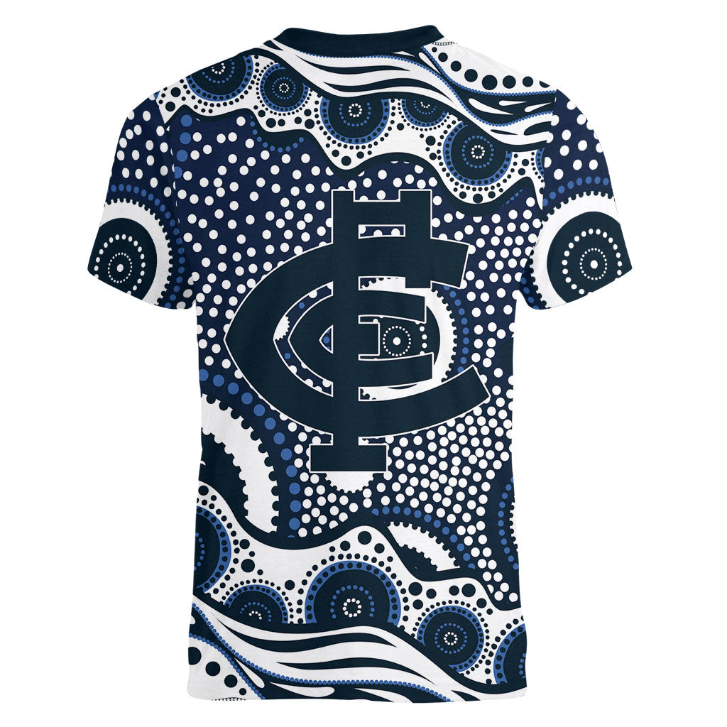 Carlton Blues Women V-Neck T-Shirt Aboriginal Dot Pattern - Football Mascot Heritage Pride