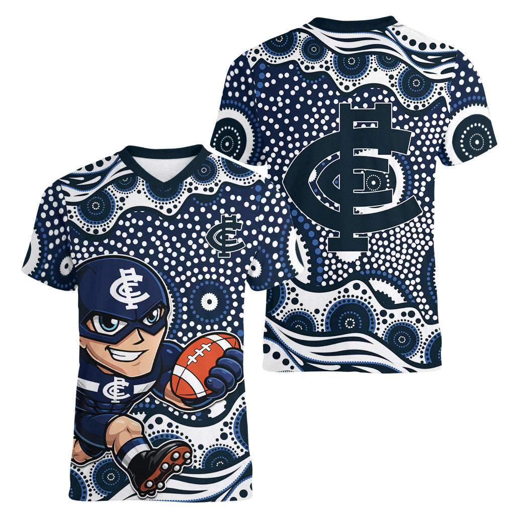Carlton Blues Women V-Neck T-Shirt Aboriginal Dot Pattern - Football Mascot Heritage Pride