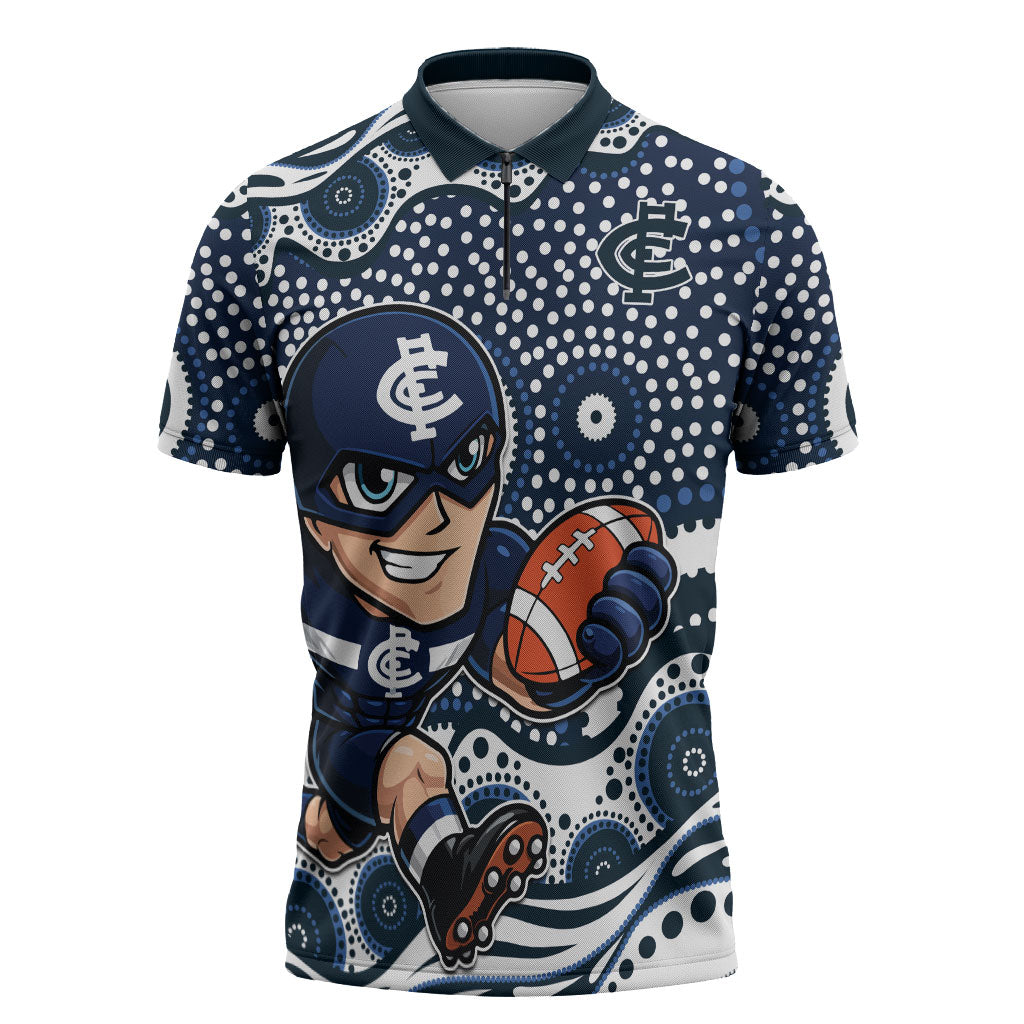 Carlton Blues Zipper Polo Shirt Aboriginal Dot Pattern - Football Mascot Heritage Pride
