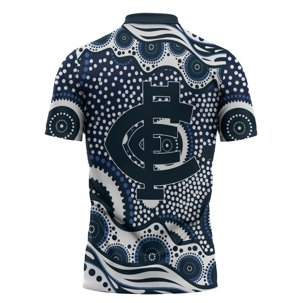Carlton Blues Zipper Polo Shirt Aboriginal Dot Pattern - Football Mascot Heritage Pride